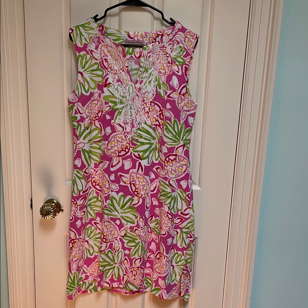 Barbara Gerwit Vintage sz L Floral Sleeveless Dress in Pink & Green w Turtles